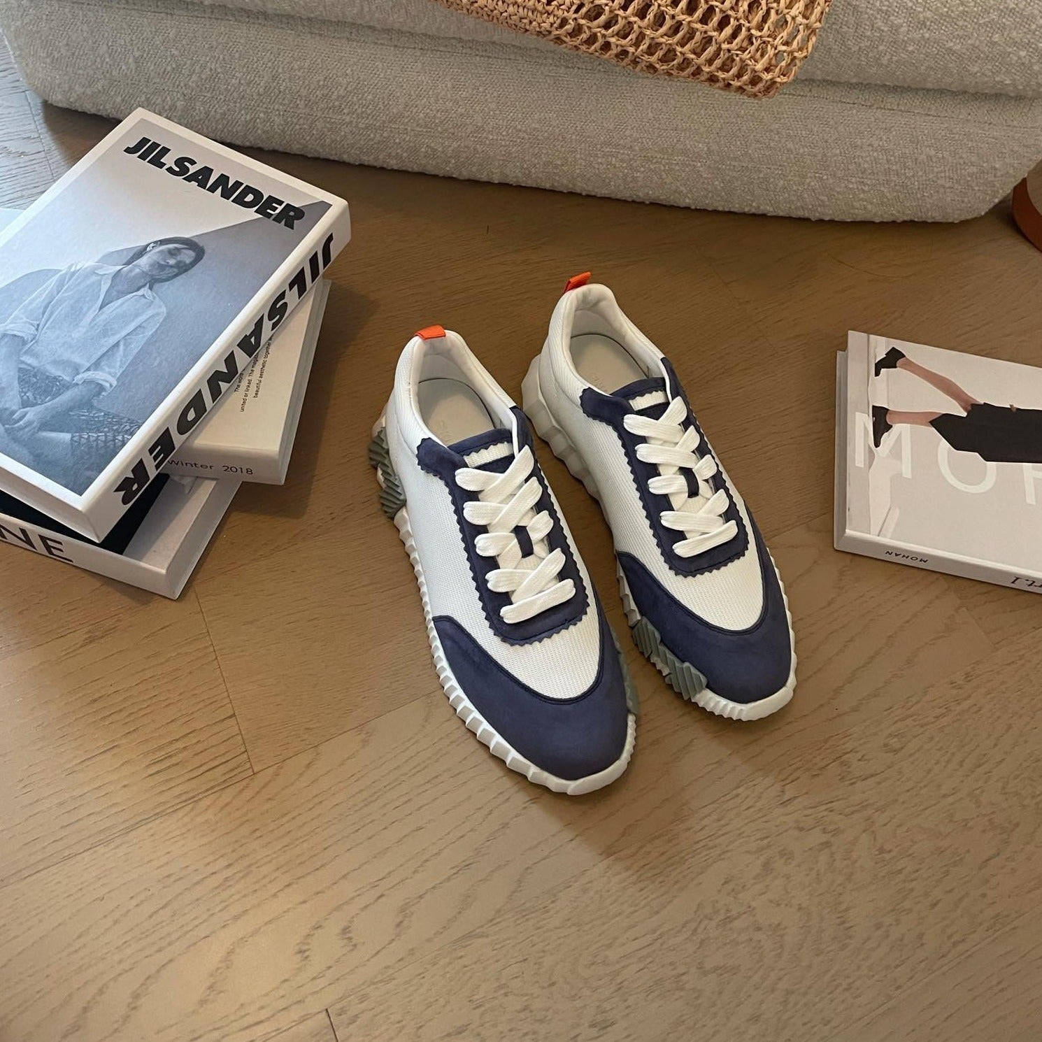 HERMES BOUNCING SNEAKERS LIGHT GRAY MIX NAVY CALFSKIN