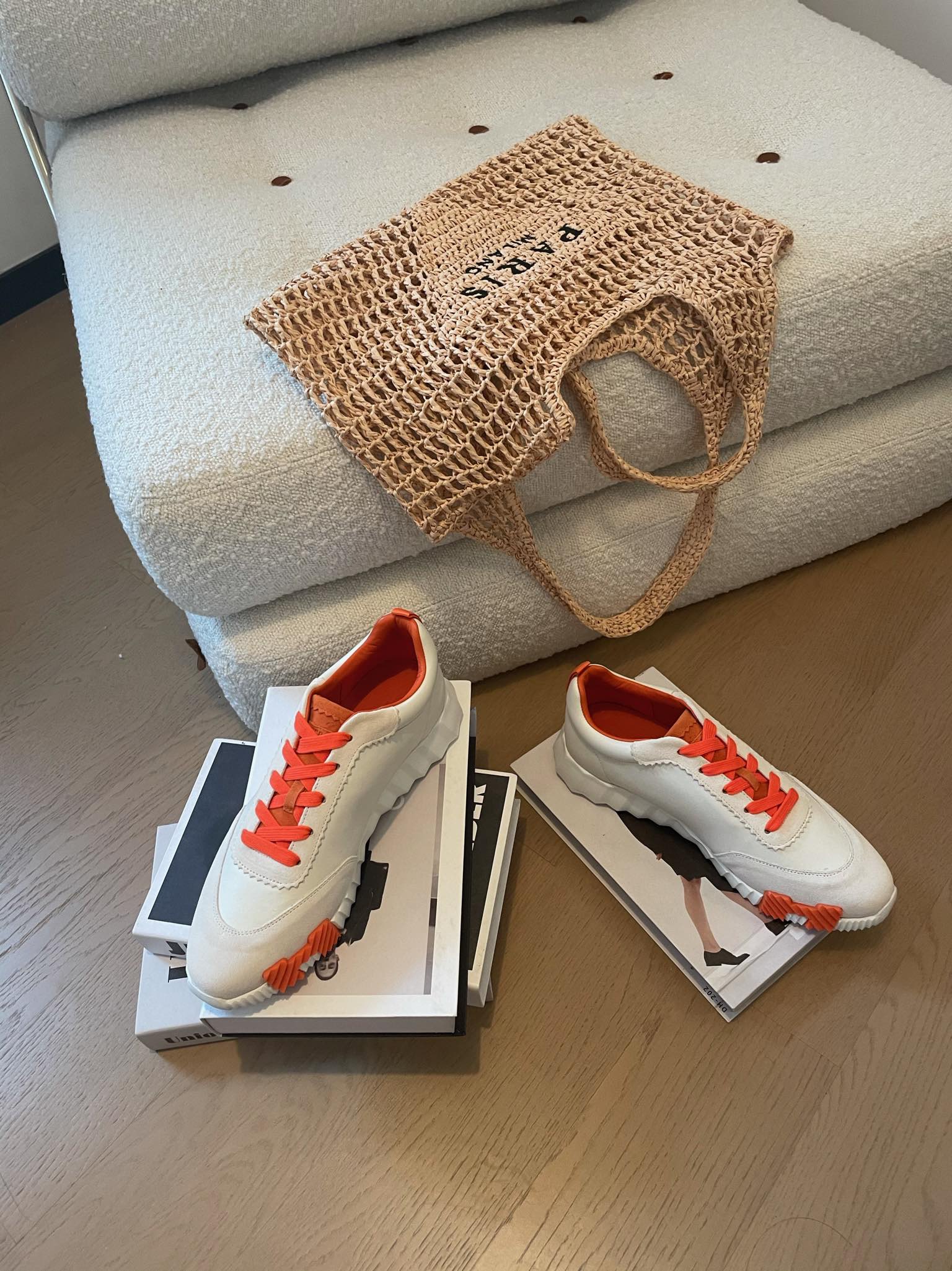HERMES BOUNCING SNEAKERS WHITE CALFSKIN WITH ORANGE LACES