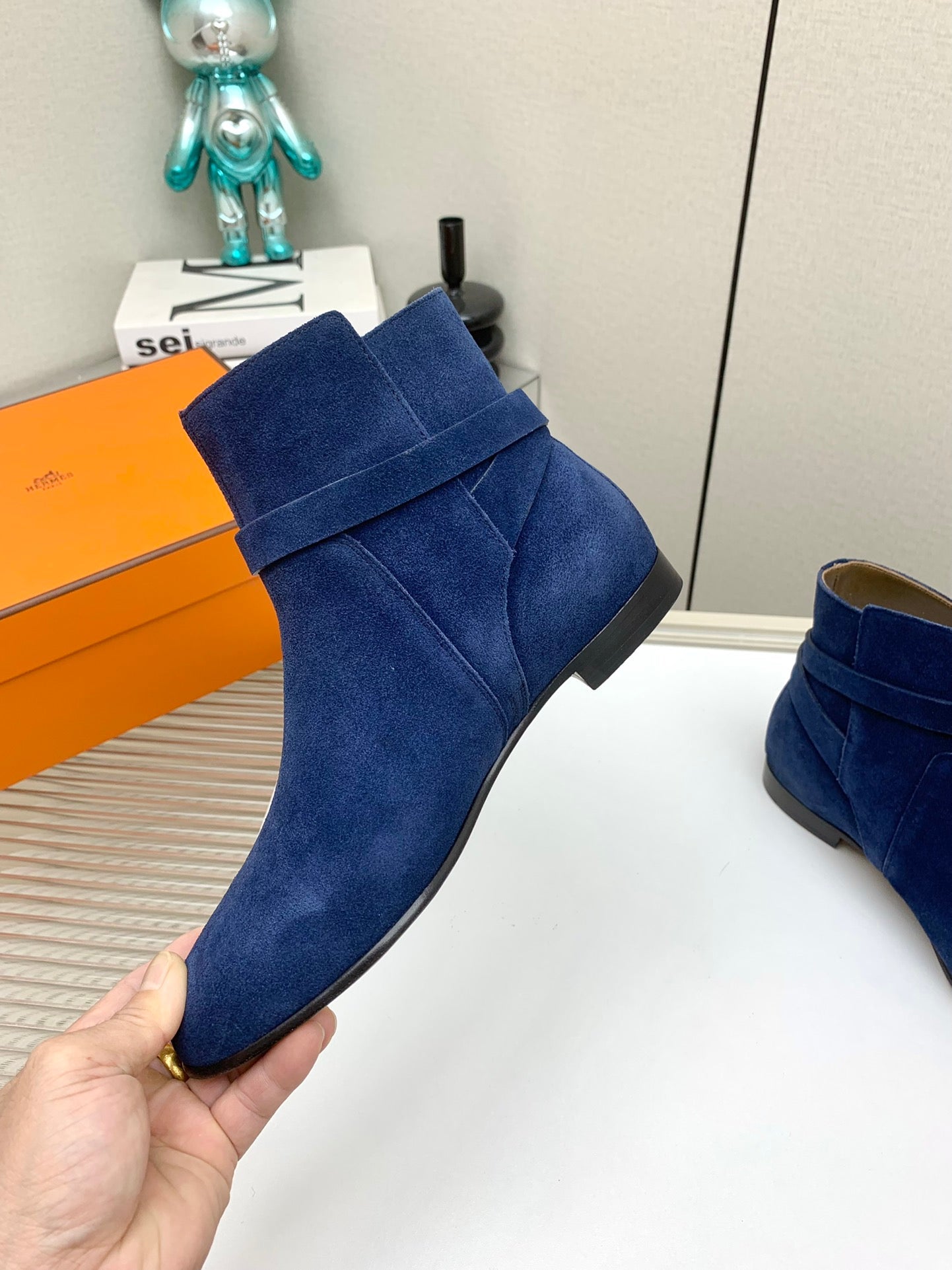 HERMES WOMEN'S NEO ANKLE BOOT IN COBALT BLUE SUEDE
