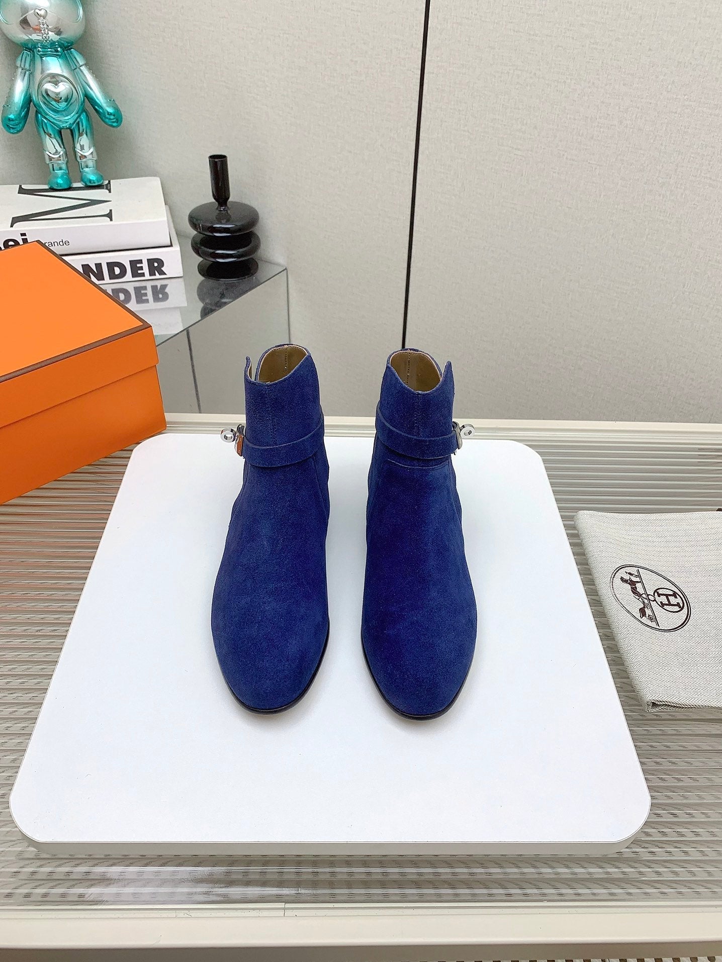 HERMES WOMEN'S NEO ANKLE BOOT IN COBALT BLUE SUEDE