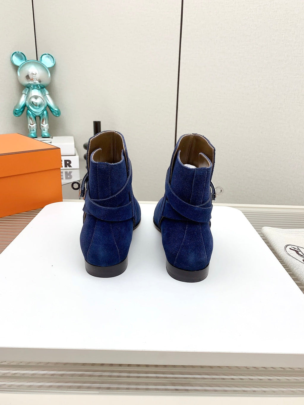 HERMES WOMEN'S NEO ANKLE BOOT IN COBALT BLUE SUEDE