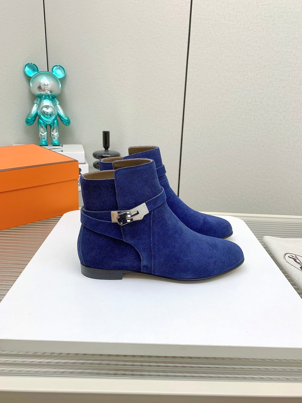 HERMES WOMEN'S NEO ANKLE BOOT IN COBALT BLUE SUEDE