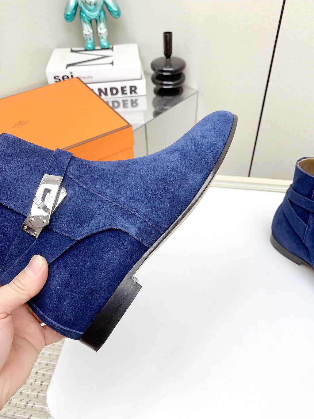 HERMES WOMEN'S NEO ANKLE BOOT IN COBALT BLUE SUEDE