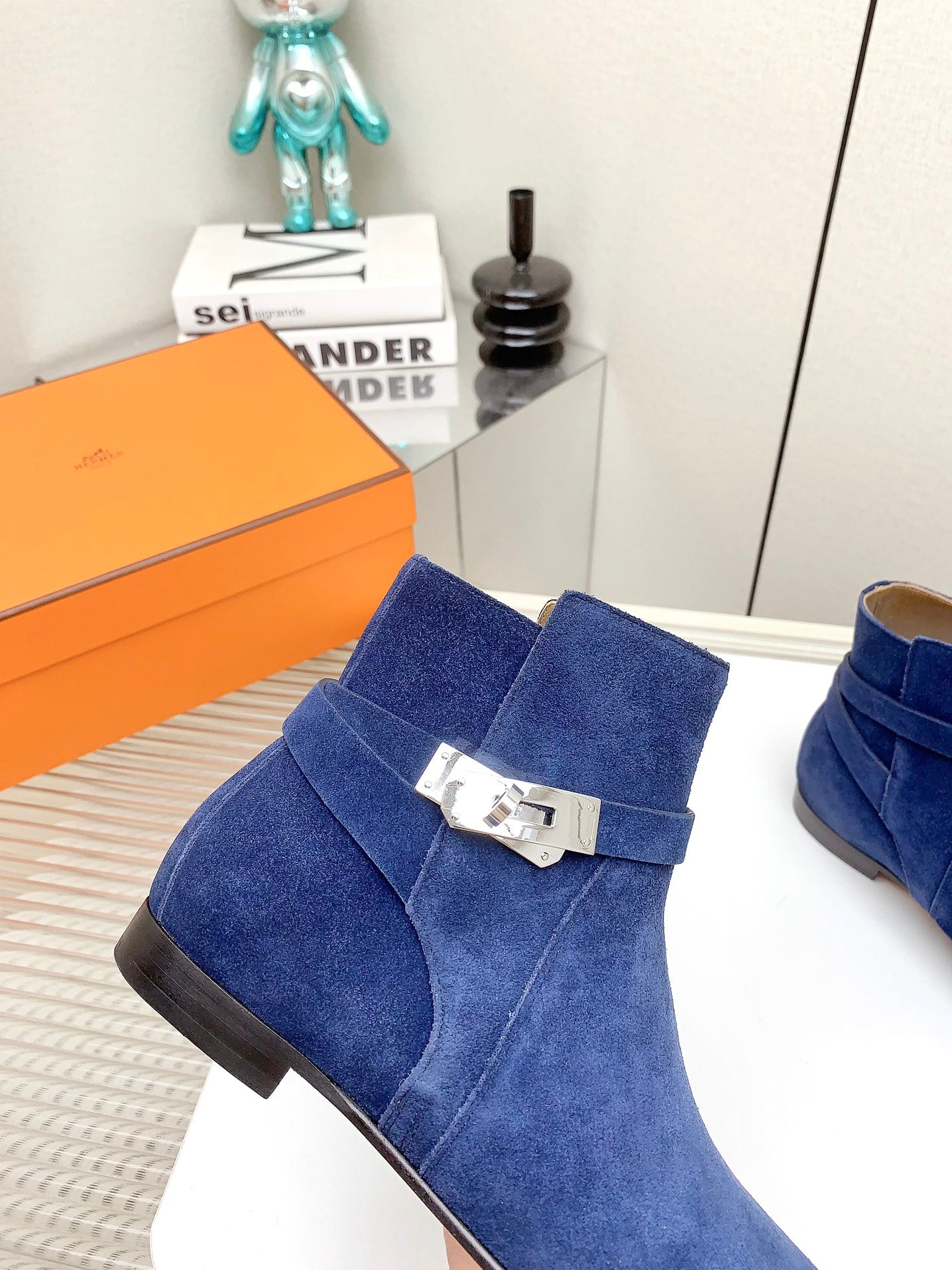 HERMES WOMEN'S NEO ANKLE BOOT IN COBALT BLUE SUEDE