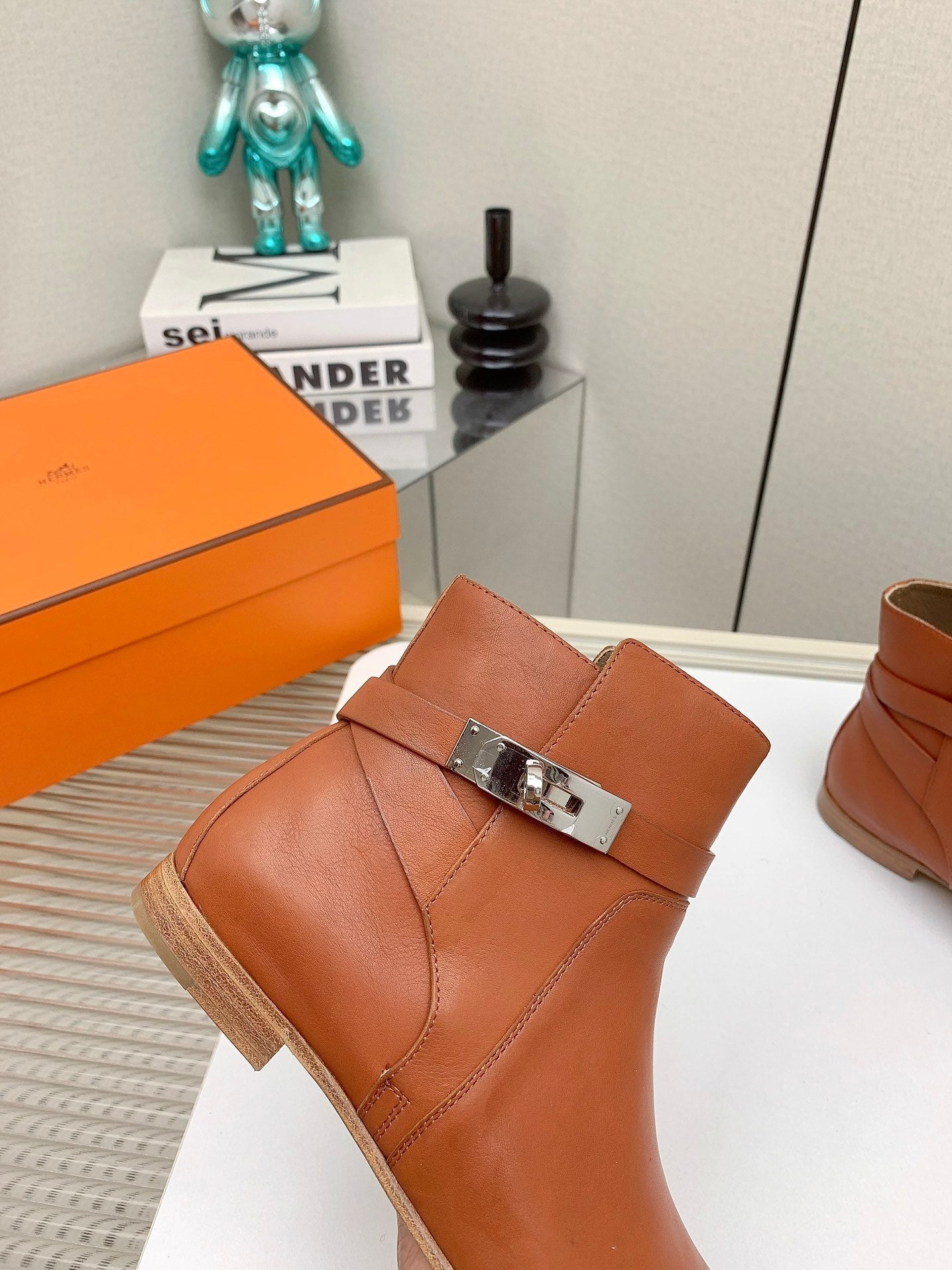 HERMES WOMEN'S NEO ANKLE BOOT IN ALLOY ORANGE CALFSKIN