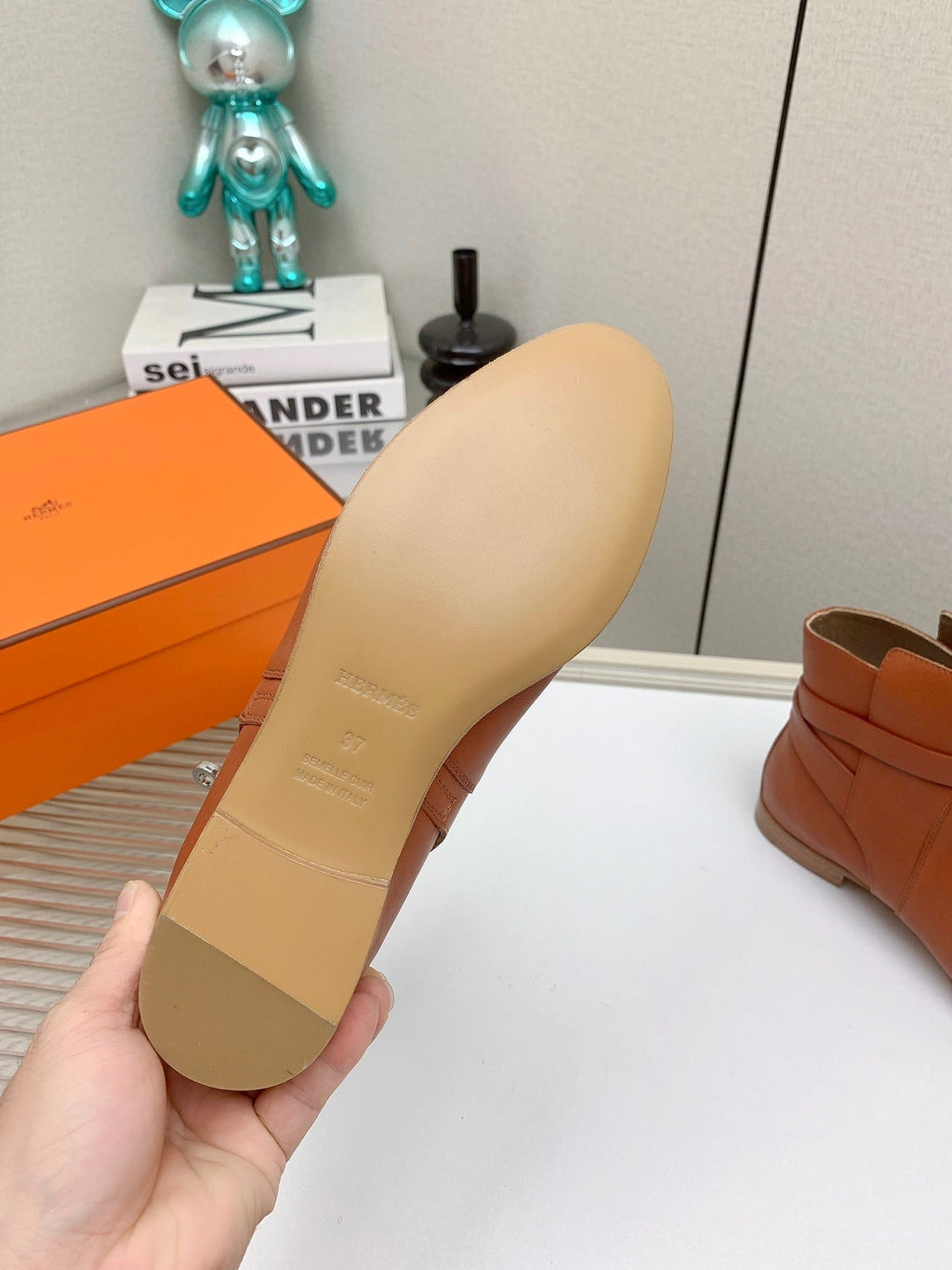 HERMES WOMEN'S NEO ANKLE BOOT IN ALLOY ORANGE CALFSKIN