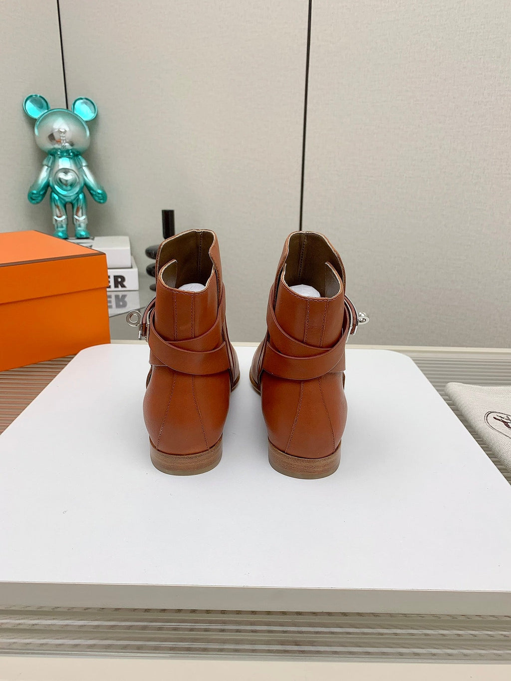 HERMES WOMEN'S NEO ANKLE BOOT IN ALLOY ORANGE CALFSKIN