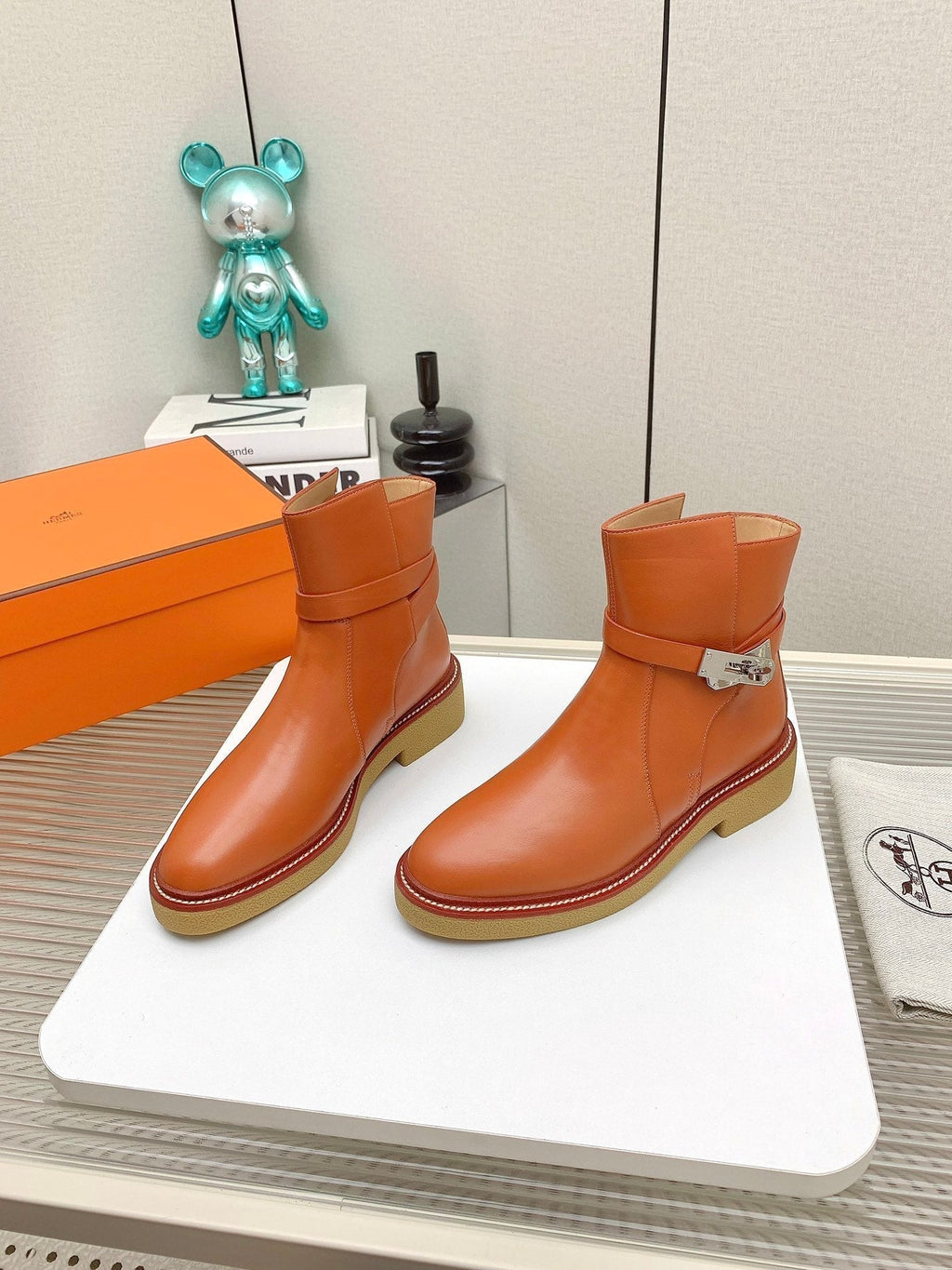 HERMES BOTINES HISTORY BOOTS IN SALAMANDER ORANGE CALFSKIN
