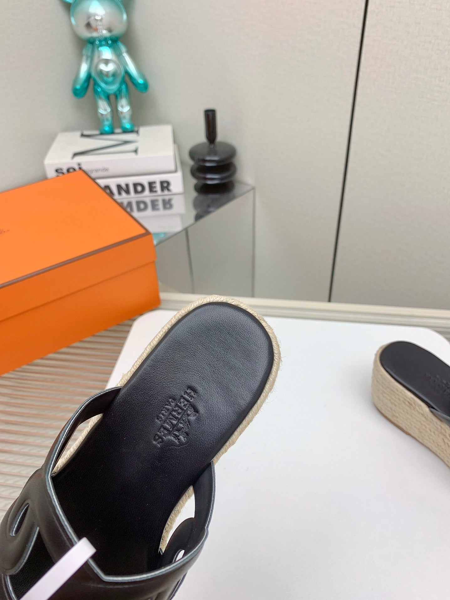 HERMES ITHEA 85 MM ESPADRILLE IN BLACK CALFSKIN