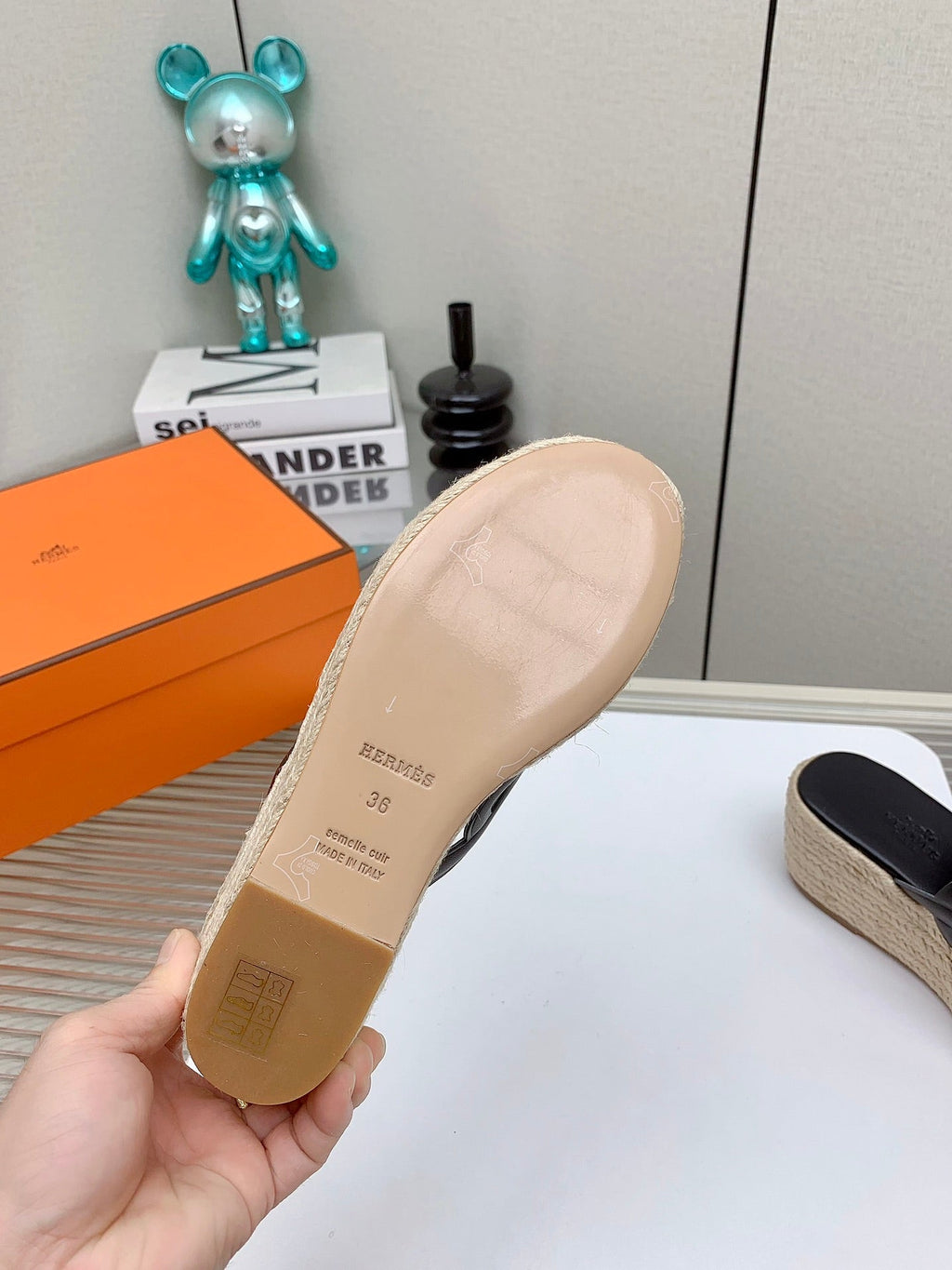 HERMES ITHEA 85 MM ESPADRILLE IN BLACK CALFSKIN