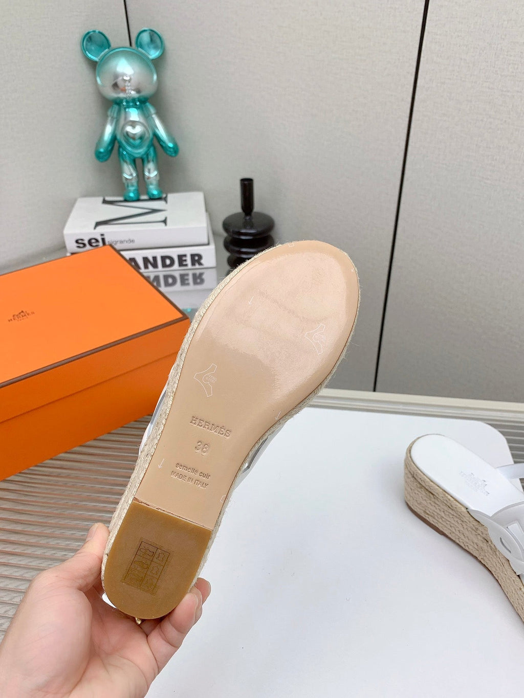 HERMES ITHEA 85 MM ESPADRILLE IN WHITE CALFSKIN