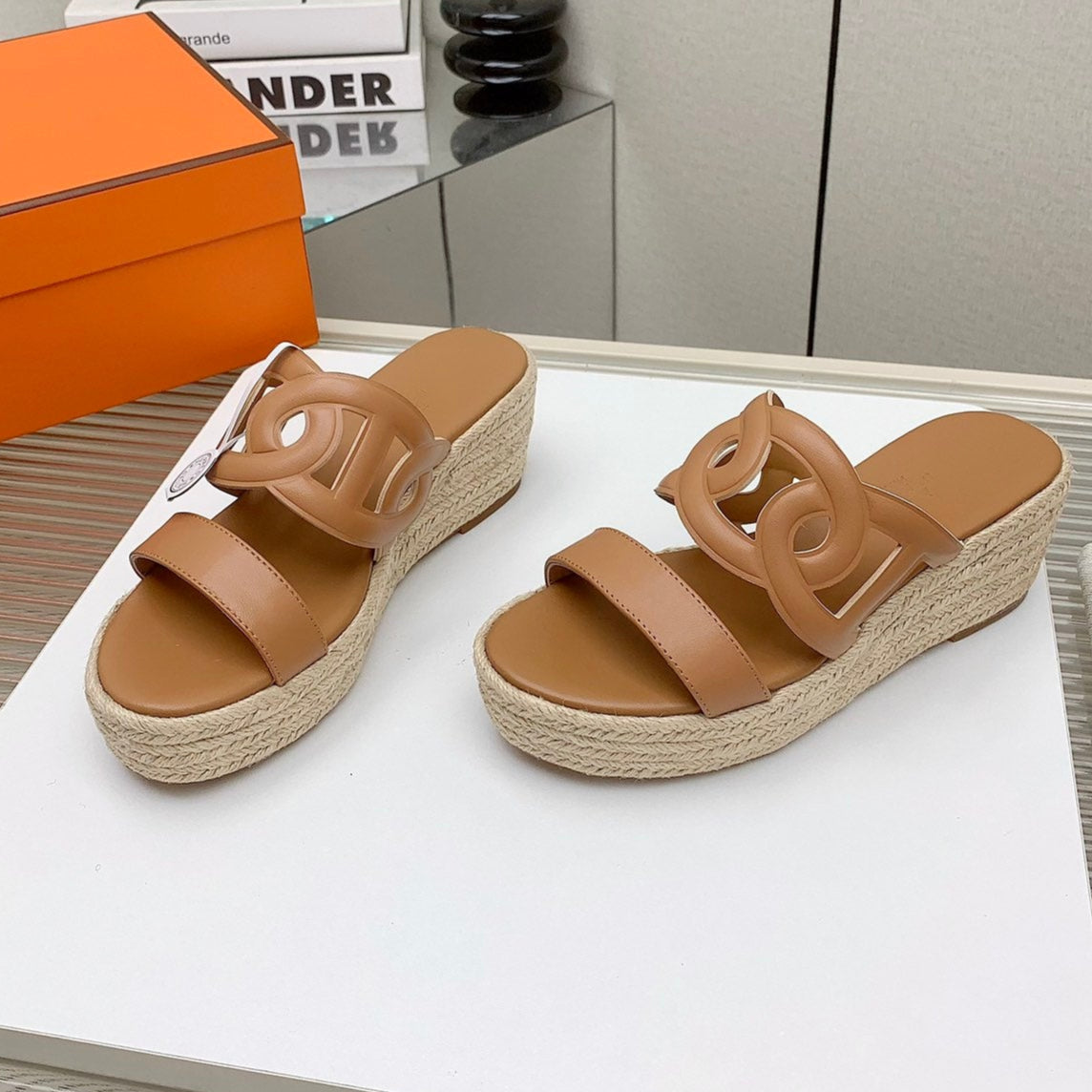 HERMES ITHEA 85 MM ESPADRILLE IN BRONZE BROWN CALFSKIN
