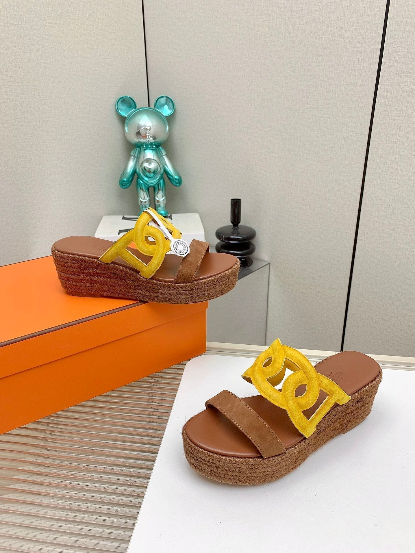 HERMES ITHEA 85 MM ESPADRILLE IN BRONZE BROWN AND AMBER YELLOW SUEDE