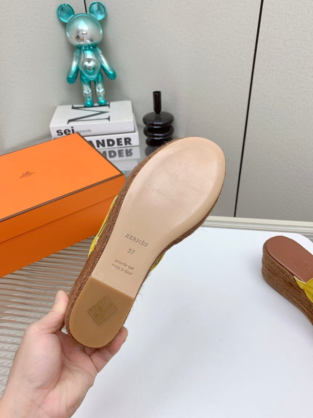 HERMES ITHEA 85 MM ESPADRILLE IN BRONZE BROWN AND AMBER YELLOW SUEDE