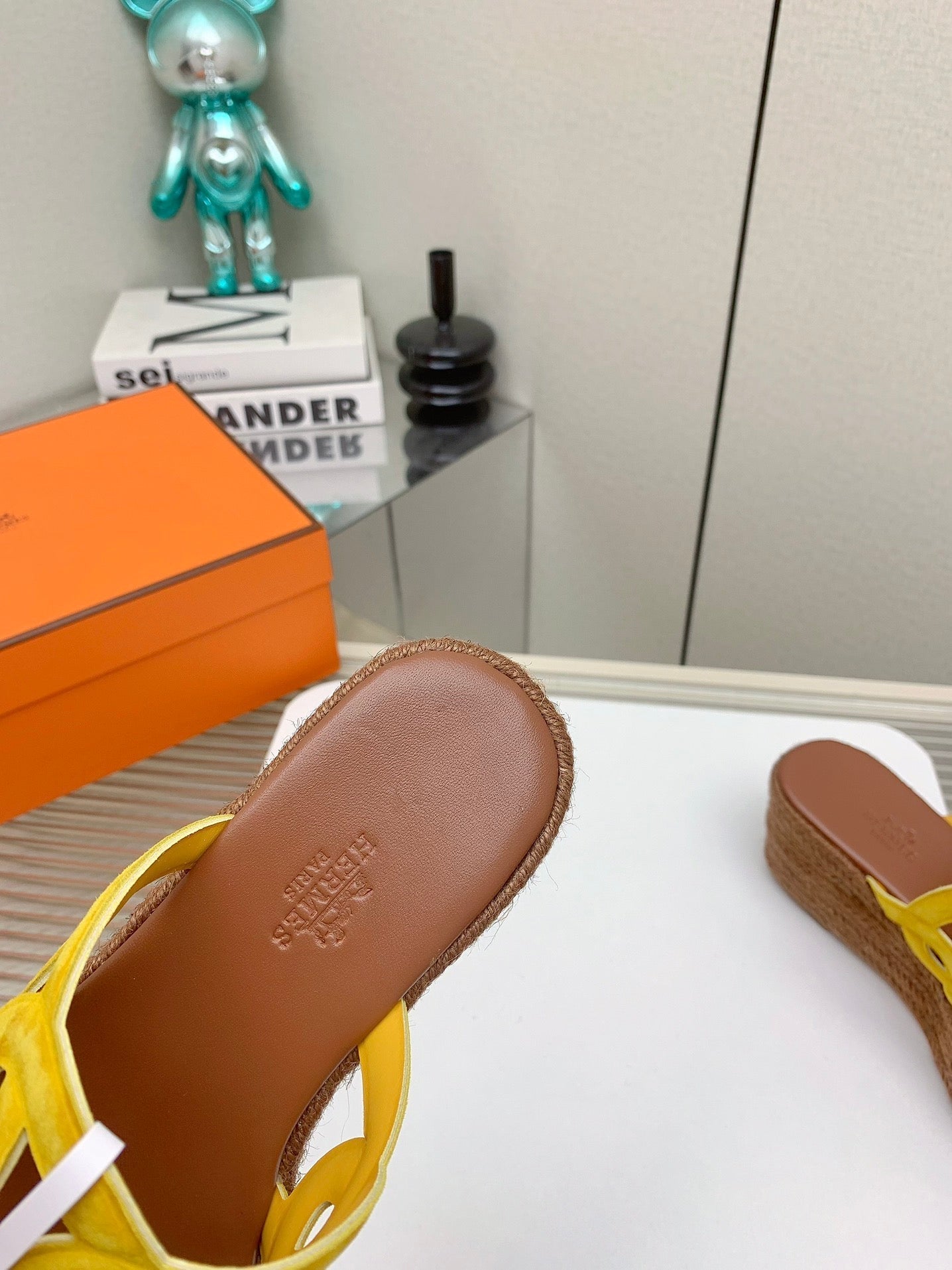 HERMES ITHEA 85 MM ESPADRILLE IN BRONZE BROWN AND AMBER YELLOW SUEDE