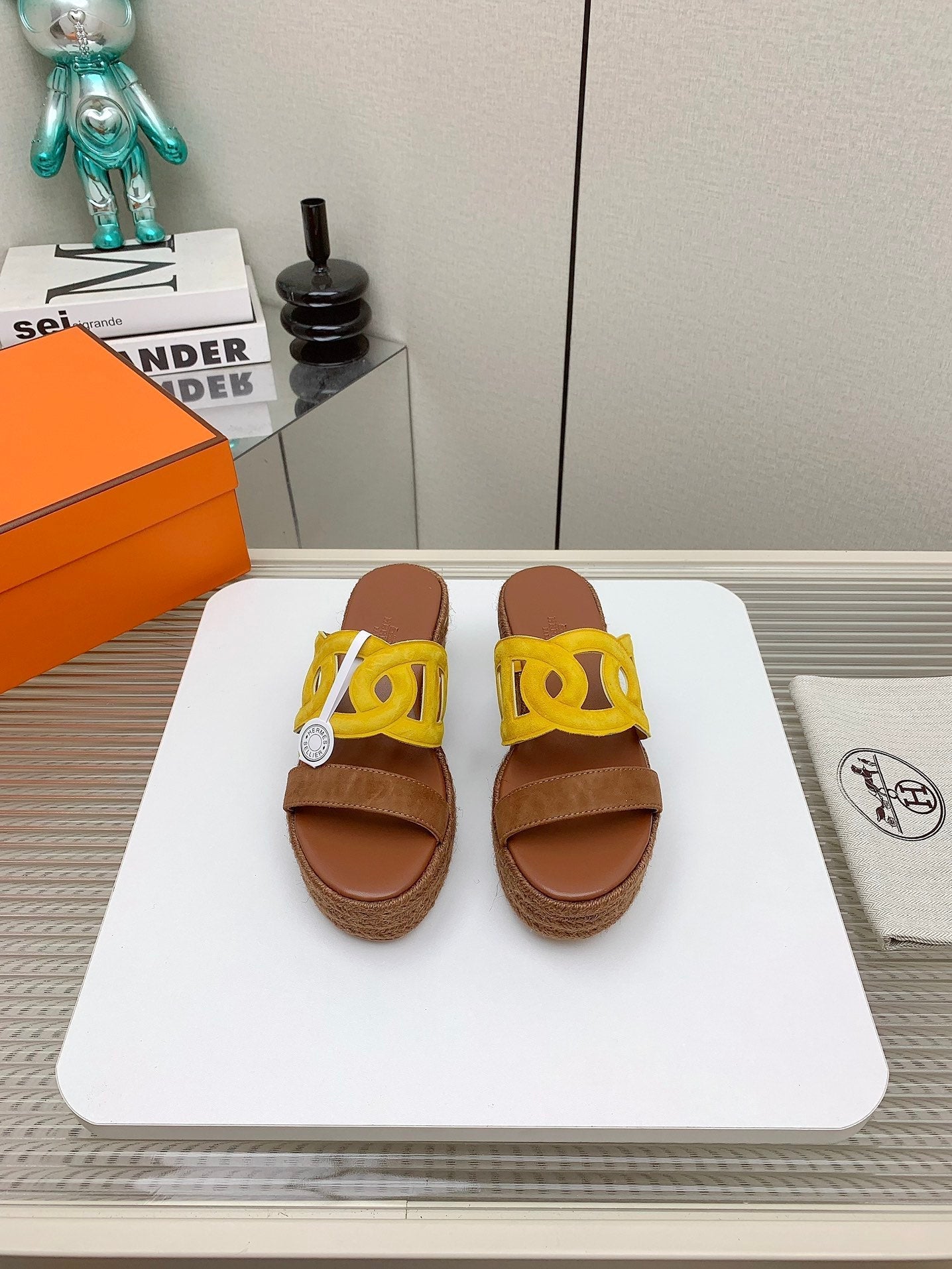 HERMES ITHEA 85 MM ESPADRILLE IN BRONZE BROWN AND AMBER YELLOW SUEDE