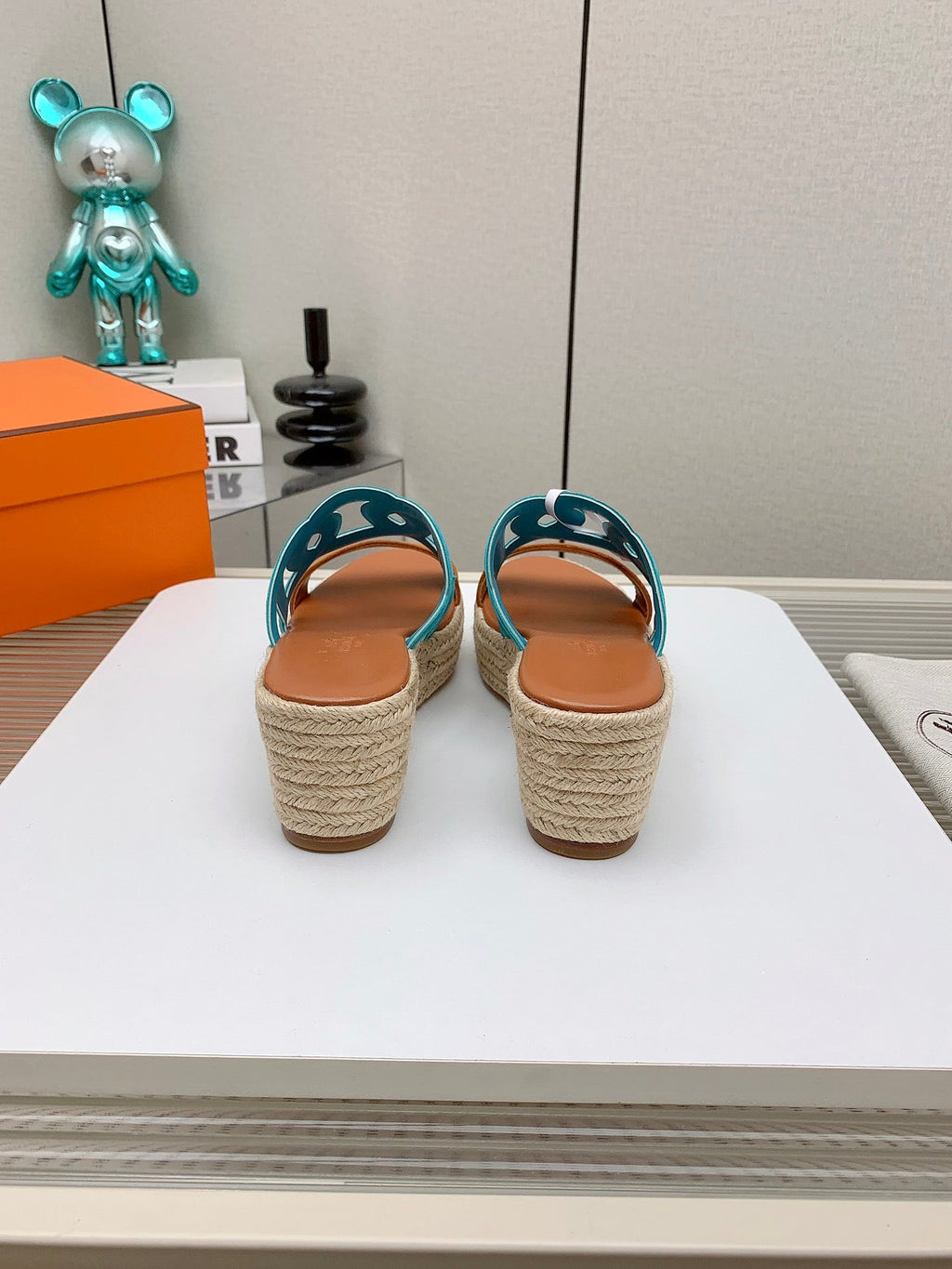 HERMES ITHEA 85 MM ESPADRILLE IN BRONZE BROWN AND CERULEAN BLUE SUEDE