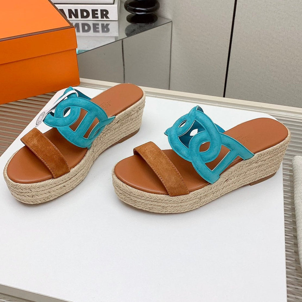 HERMES ITHEA 85 MM ESPADRILLE IN BRONZE BROWN AND CERULEAN BLUE SUEDE