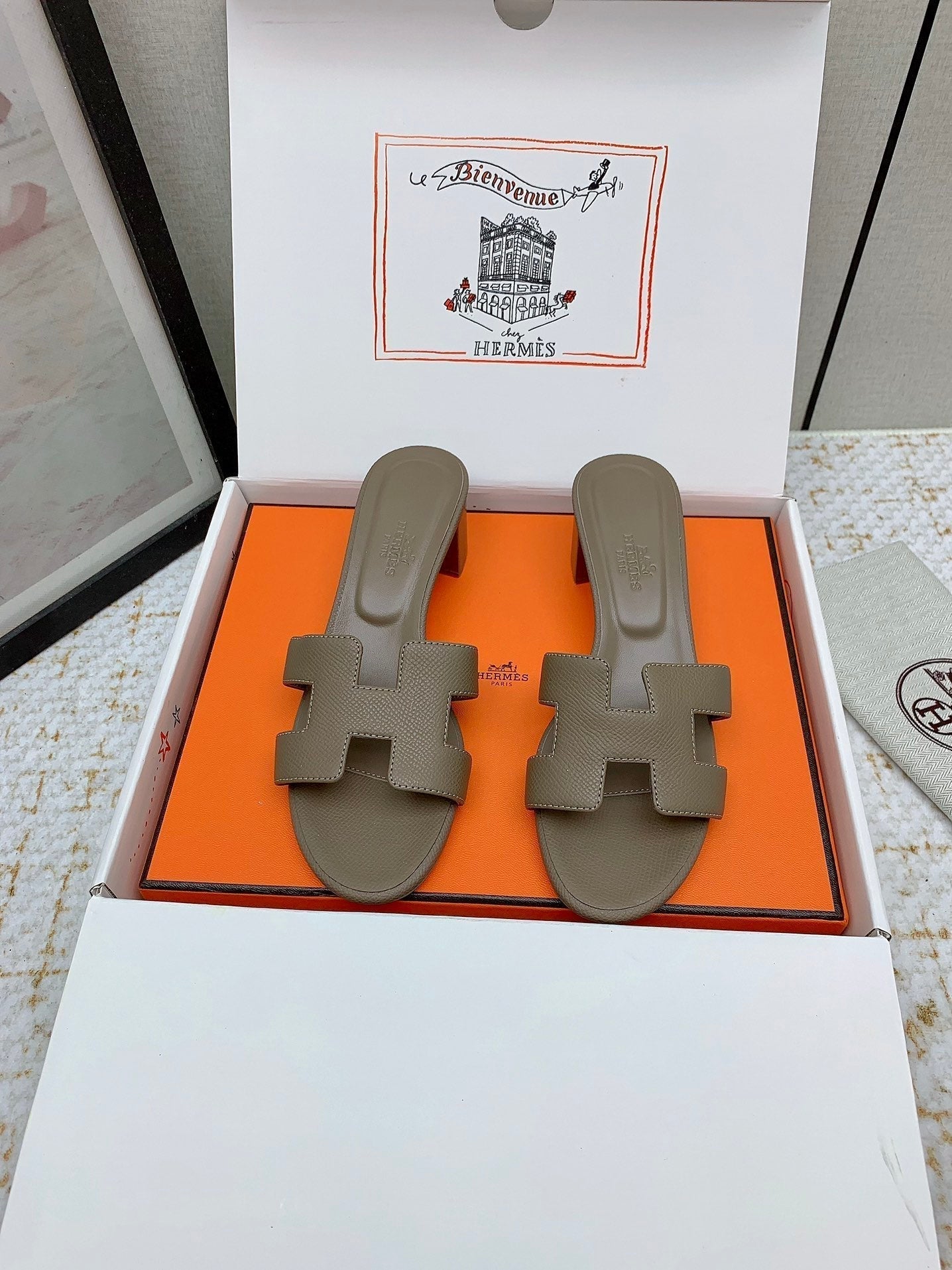 HERMES OASIS SANDAL HEEL 50MM IN TAUPE BROWN CALFSKIN