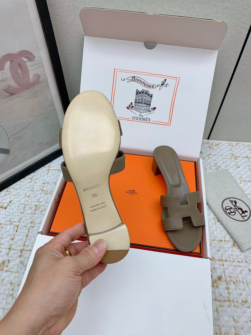 HERMES OASIS SANDAL HEEL 50MM IN TAUPE BROWN CALFSKIN