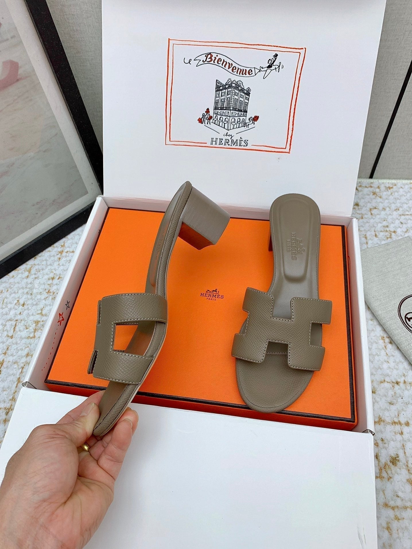 HERMES OASIS SANDAL HEEL 50MM IN TAUPE BROWN CALFSKIN