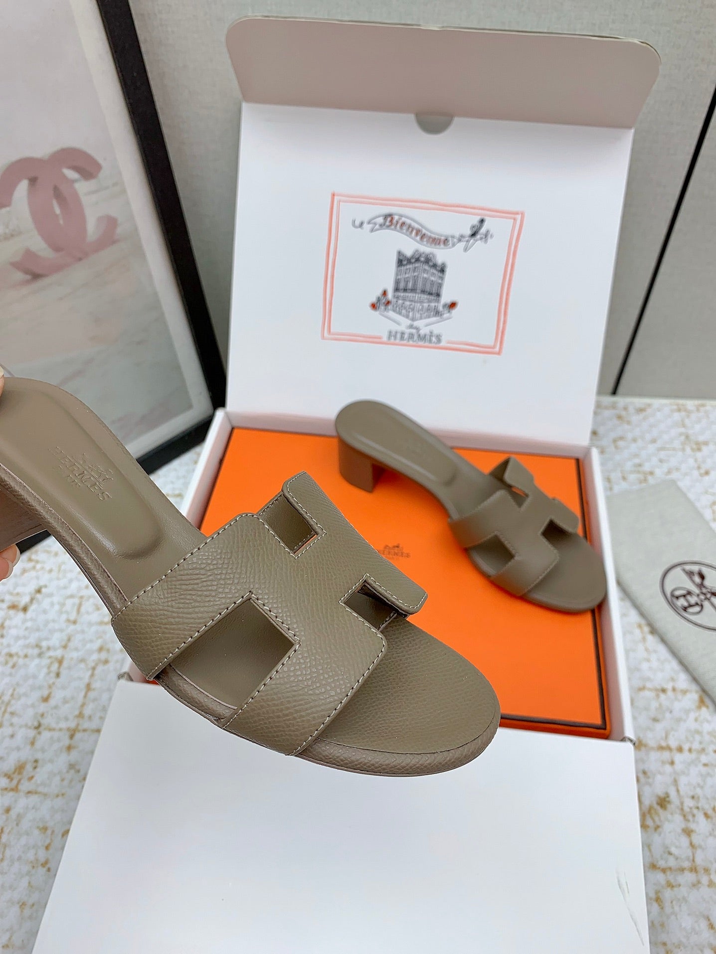 HERMES OASIS SANDAL HEEL 50MM IN TAUPE BROWN CALFSKIN