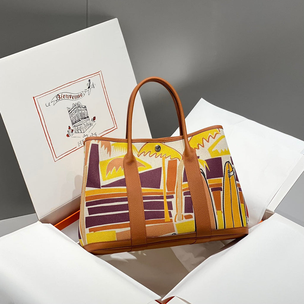 HERMES GARDEN PARTY 36 IN MULTICOLOR TOILE H CANVAS GOLD CALFSKIN TROPICAL STREETLINE ILLUSTRATION