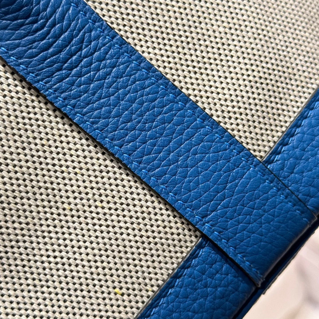 HERMES GARDEN PARTY 23CM IN WHITE MIX BLACK TOILETS COTTON CANVAS AND BLUE CALFSKIN