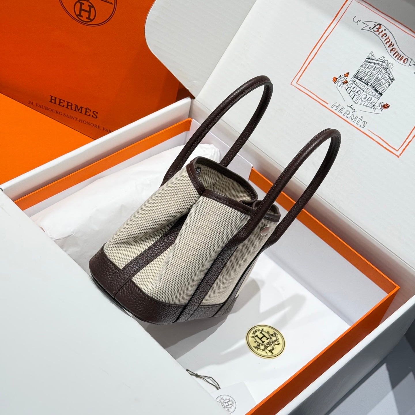 HERMES GARDEN PARTY 23CM IN BEIGE TOILETS COTTON CANVAS AND DARK BROWN CALFSKIN