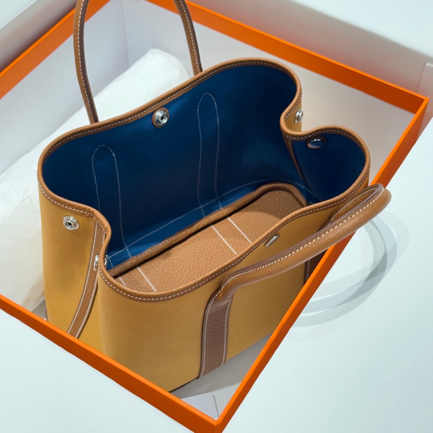 HERMES GARDEN PARTY 30CM IN DUNE MAGNOLIA TOILETS COTTON CANVAS AND BROWN CALFSKIN