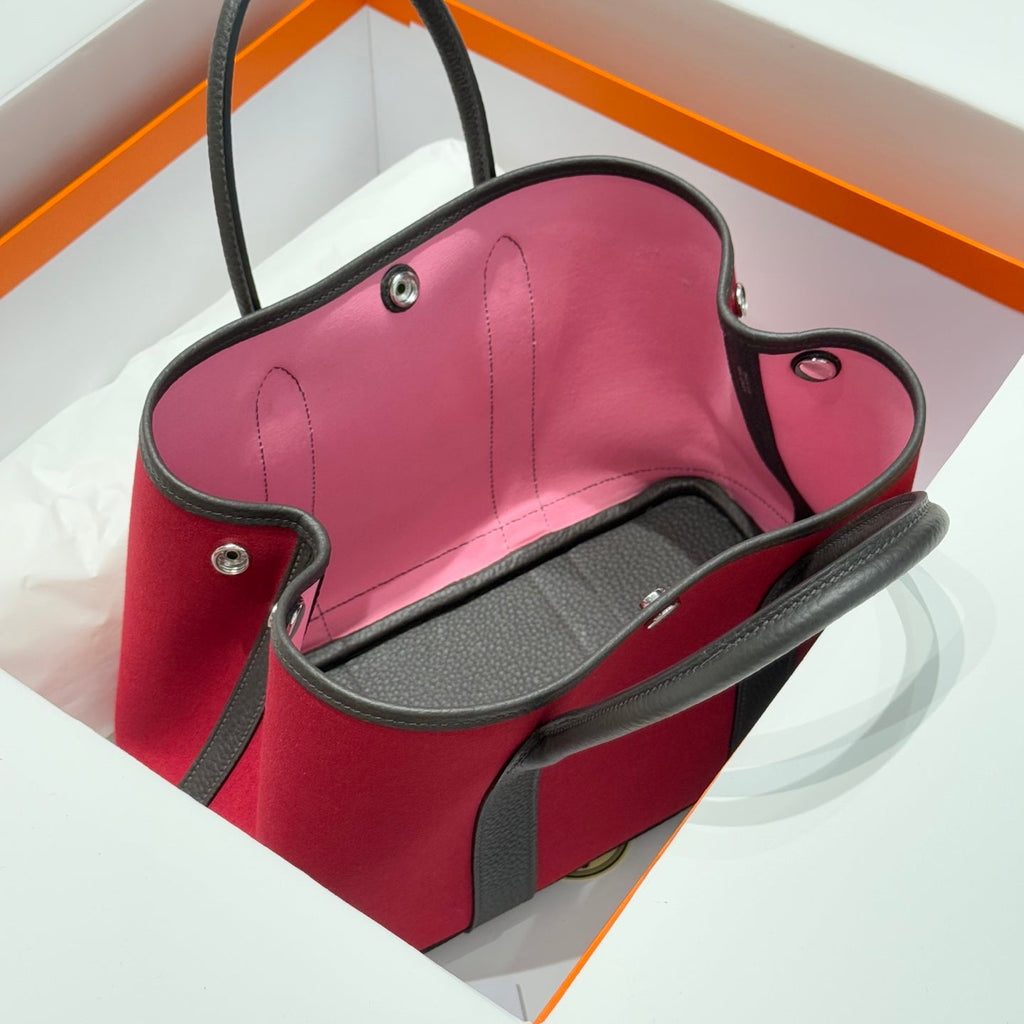 HERMES GARDEN PARTY 30CM IN RED TOILETS COTTON CANVAS AND DARK BROWN CALFSKIN PINK ON SIDE OTHER