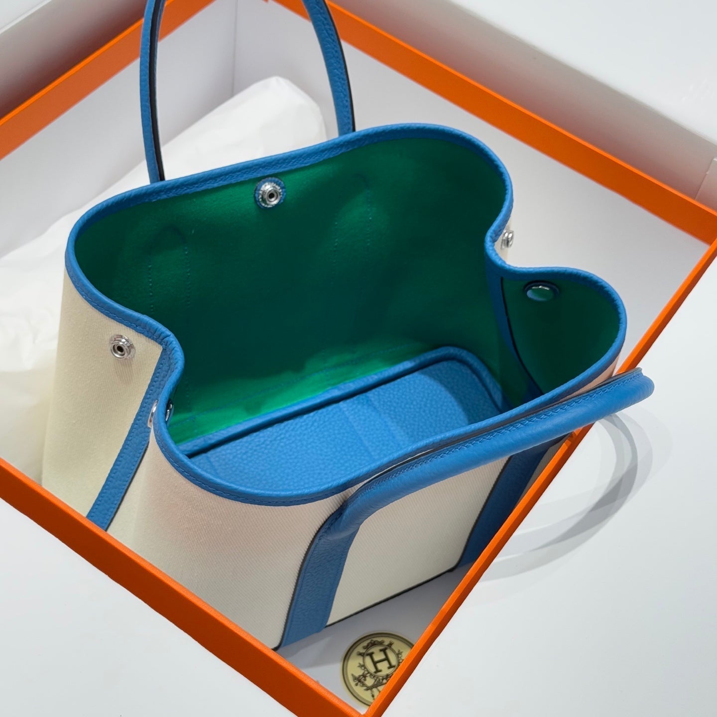 HERMES GARDEN PARTY 30CM IN WHITE TOILETS COTTON CANVAS AND BLUE CALFSKIN GREEN ON SIDE OTHER