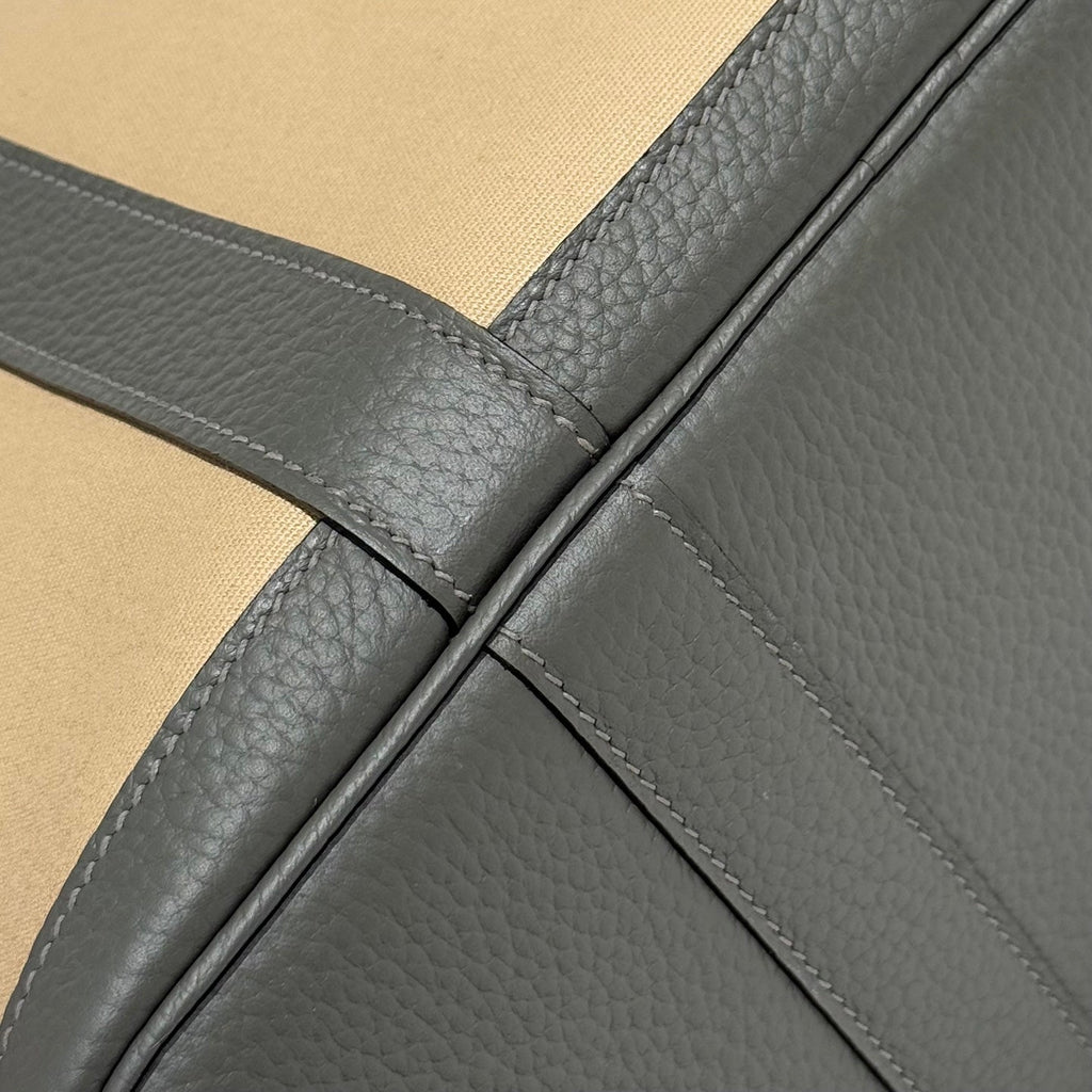 HERMES GARDEN PARTY 30CM IN DARK BEIGE TOILETS COTTON CANVAS AND GREY CALFSKIN