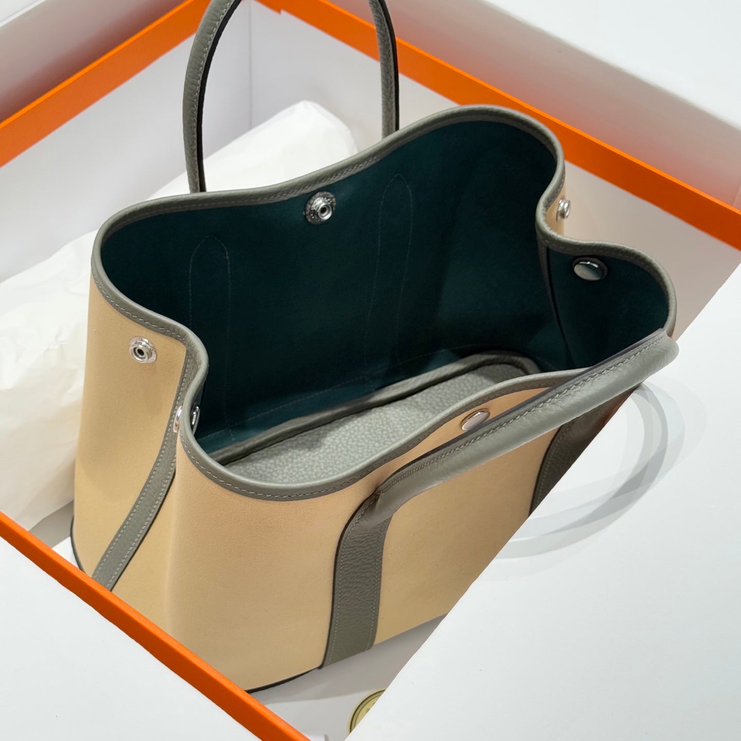 HERMES GARDEN PARTY 30CM IN DARK BEIGE TOILETS COTTON CANVAS AND GREY CALFSKIN