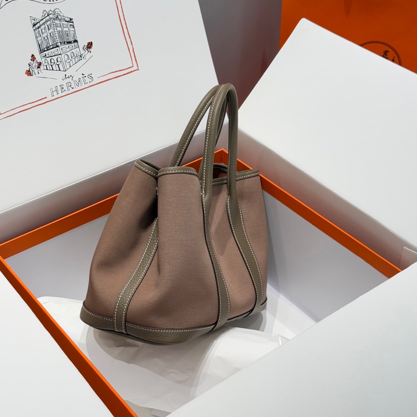 HERMES GARDEN PARTY 30CM IN BROWN TOILETS COTTON CANVAS AND TOGO ETOUPE CALFSKIN