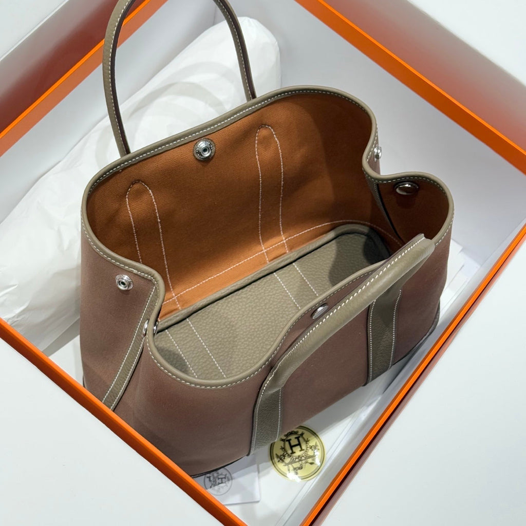 HERMES GARDEN PARTY 30CM IN BROWN TOILETS COTTON CANVAS AND TOGO ETOUPE CALFSKIN