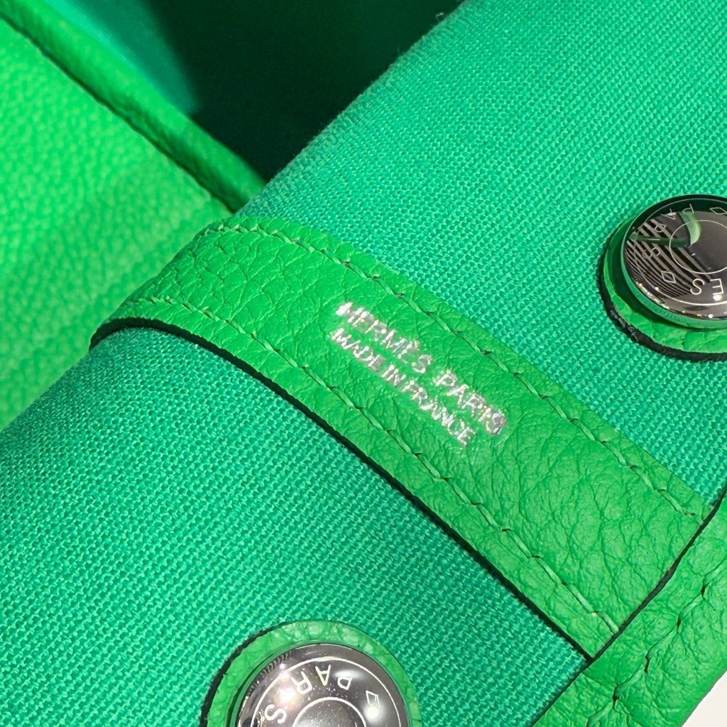 HERMES GARDEN PARTY 30CM IN CADMIUM GREEN TOILETS COTTON CANVAS AND GREEN CALFSKIN