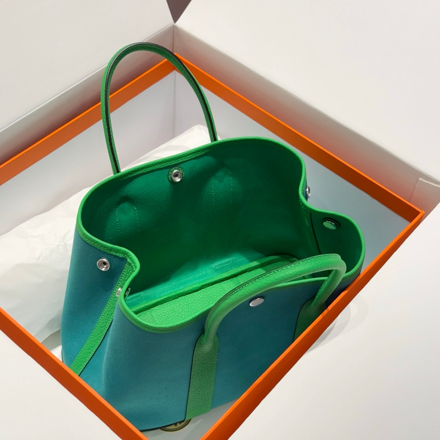 HERMES GARDEN PARTY 30CM IN CADMIUM GREEN TOILETS COTTON CANVAS AND GREEN CALFSKIN