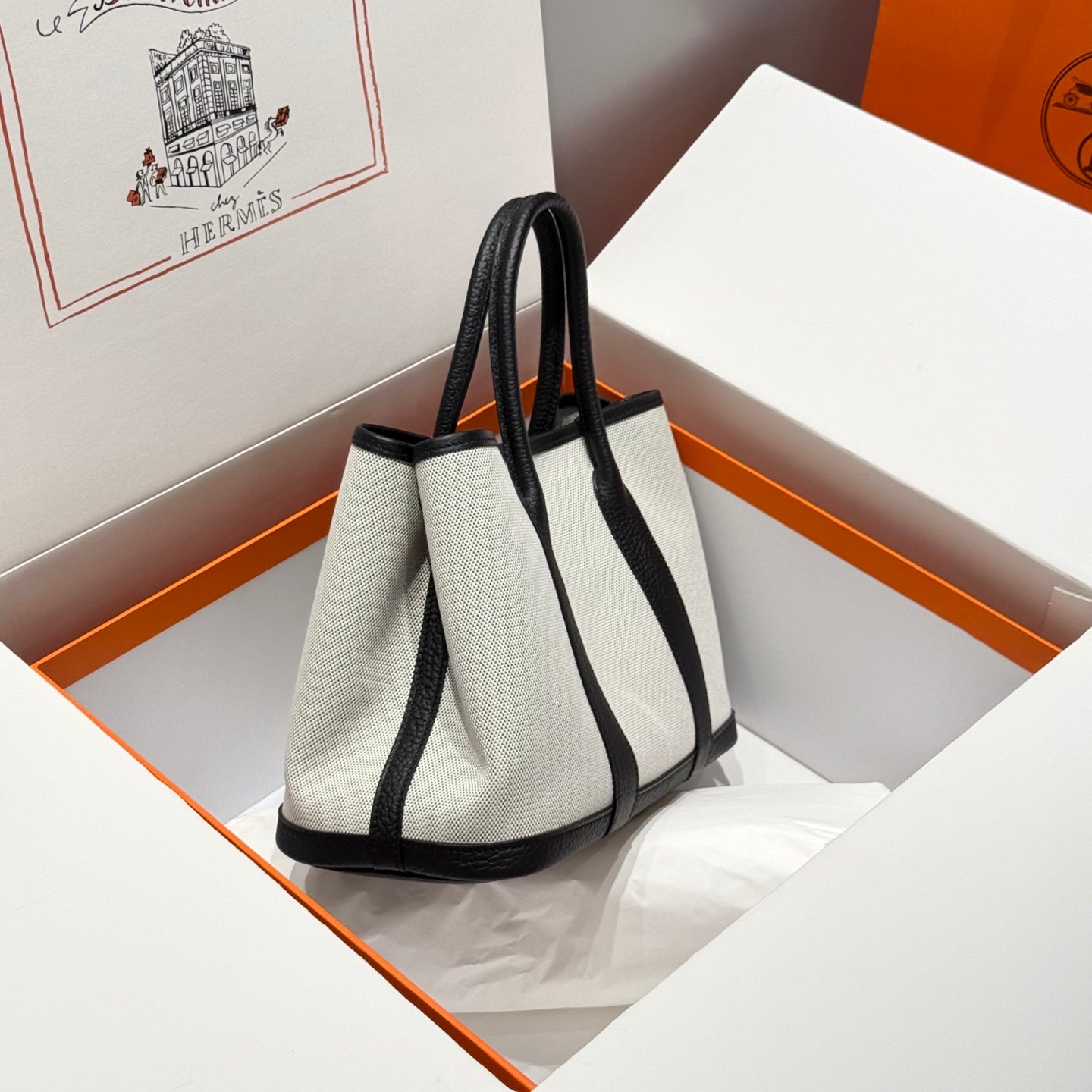 HERMES GARDEN PARTY 30CM IN WHITE TOILETS COTTON CANVAS AND BLACK CALFSKIN