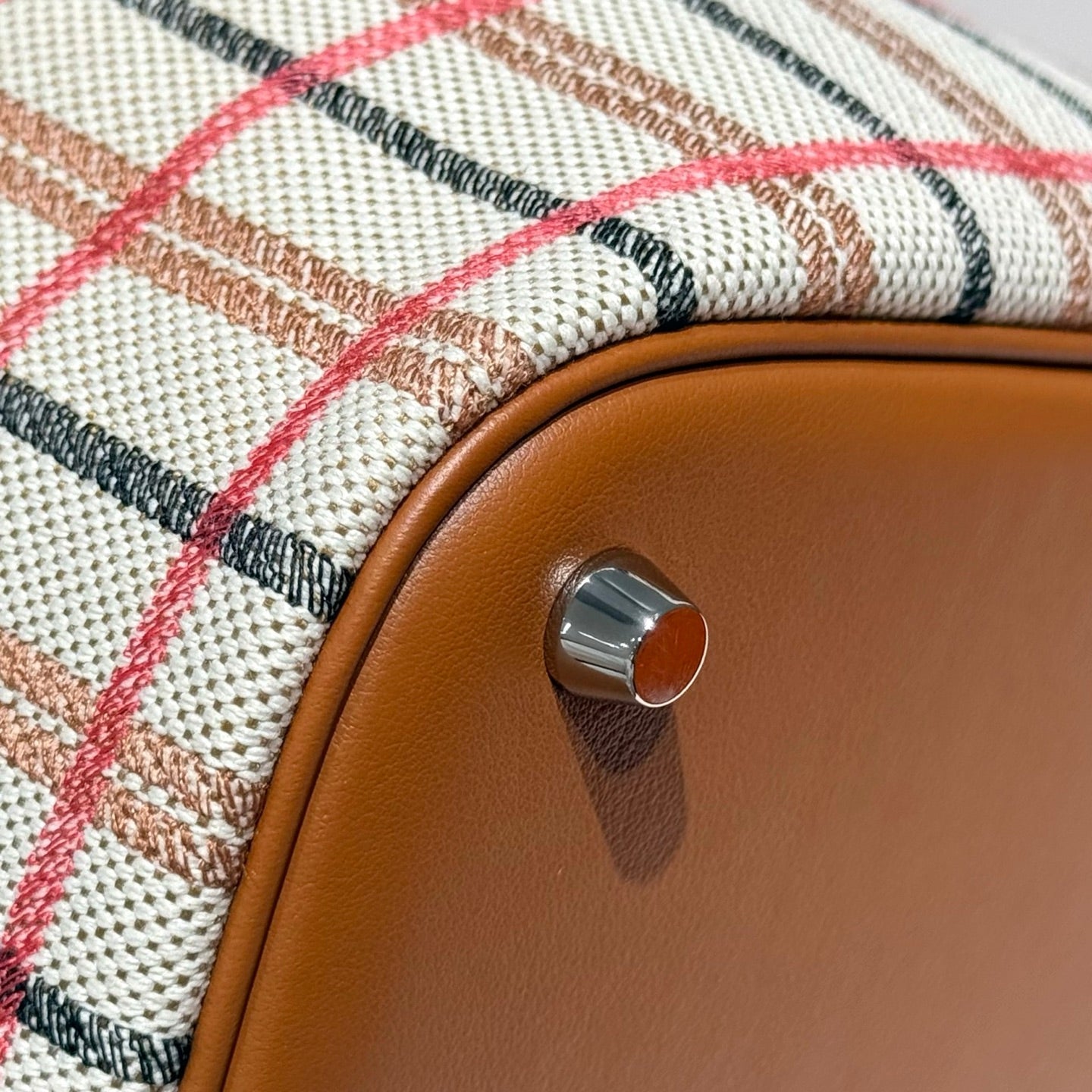HERMES PICOTIN LOCK 18 BAG IN GOLD CALFSKIN ÉCRU/BEIGE/FAUVE/ROSE POP/NOIR EMBROIDERY PLAID CANVAS
