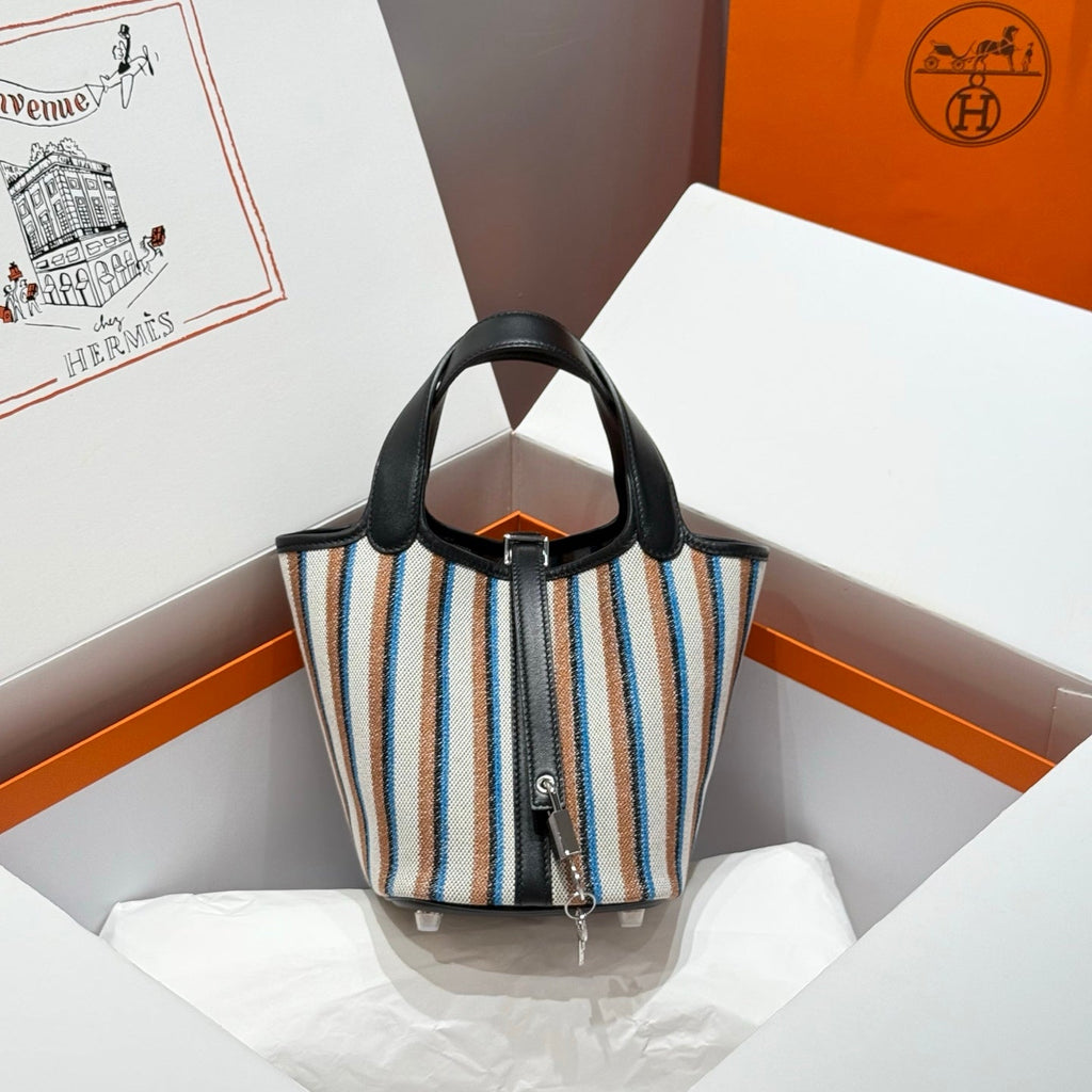 HERMES PICOTIN LOCK 18 BAG IN BLACK CALFSKIN ÉCRU/NOIR/FAUVE/NOIR/BLEU ZANZIBAR EMBROIDERY CANVAS