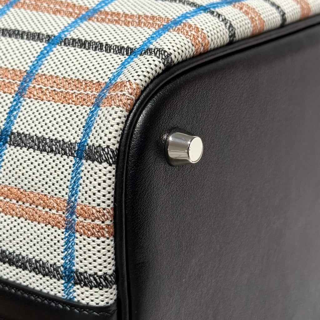 HERMES PICOTIN LOCK 18 BAG IN BLACK CALFSKIN ÉCRU/NOIR/FAUVE/NOIR/BLEU ZANZIBAR EMBROIDERY PLAID CANVAS