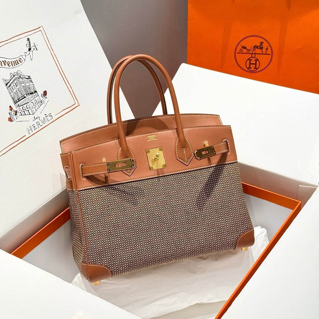 HERMES QUADRILLE BIRKIN 30CM IN GOLD SWIFT CALFSKIN AND BLACK/WHITE/BROWN TOILE CANVAS