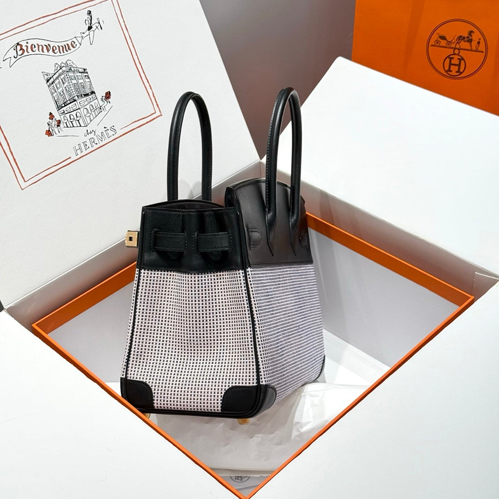 HERMES QUADRILLE BIRKIN 30CM IN BLACK SWIFT CALFSKIN WHITE BLUE PINK PLAID TOILE CANVAS