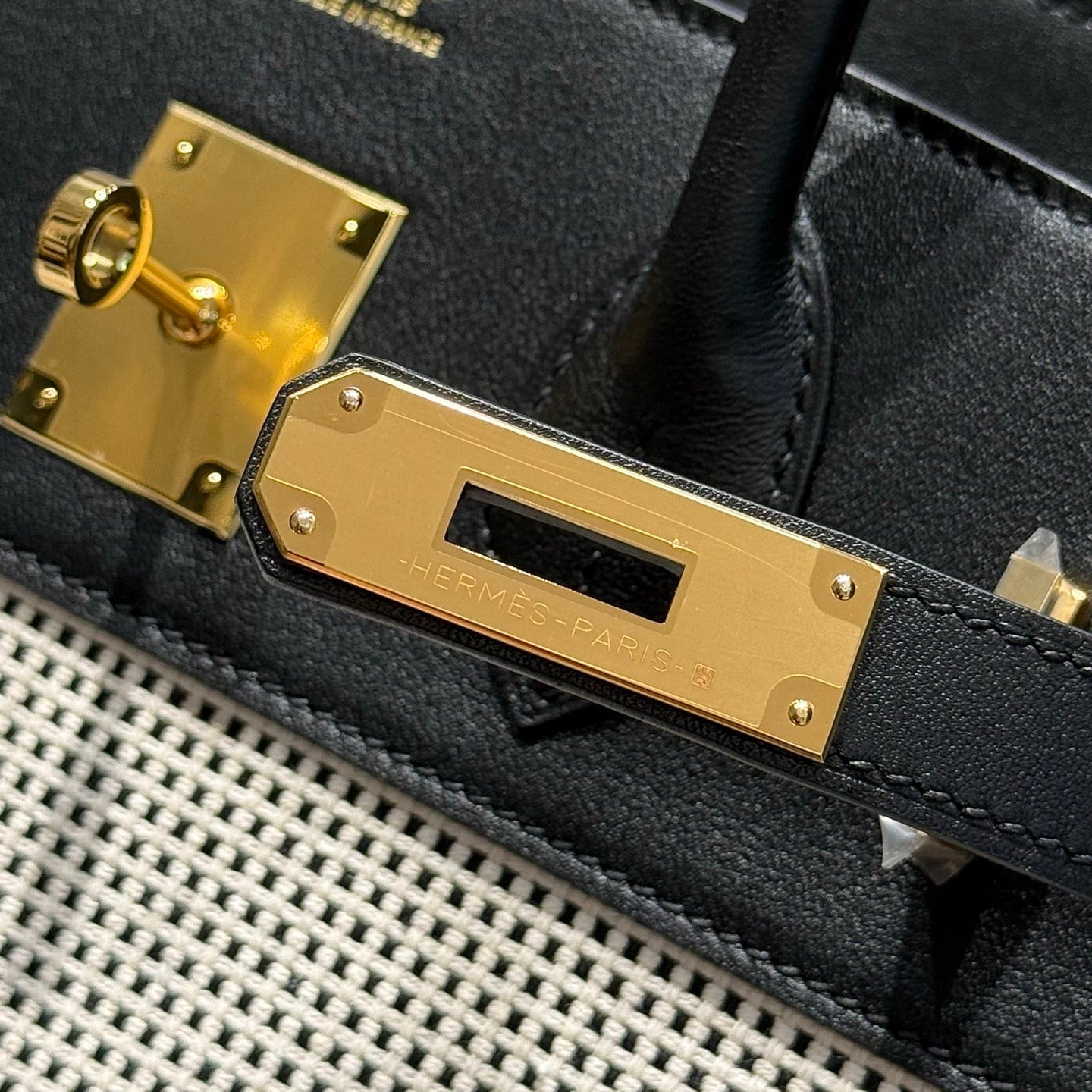 HERMES QUADRILLE BIRKIN 30CM IN BLACK SWIFT CALFSKIN WHITE BLACK PLAID TOILE CANVAS
