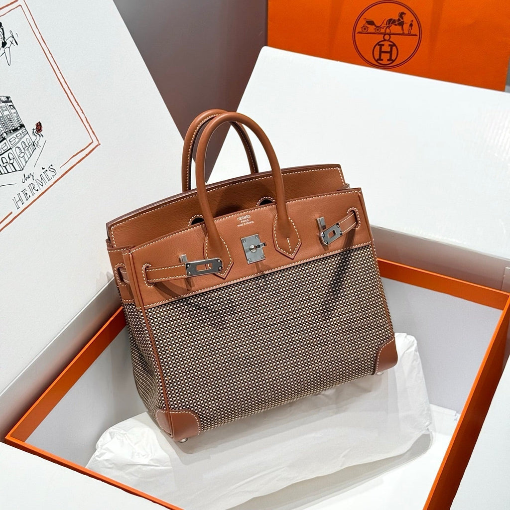 HERMES QUADRILLE BIRKIN 25CM IN GOLD SWIFT CALFSKIN AND BLACK/WHITE/BROWN TOILE CANVAS