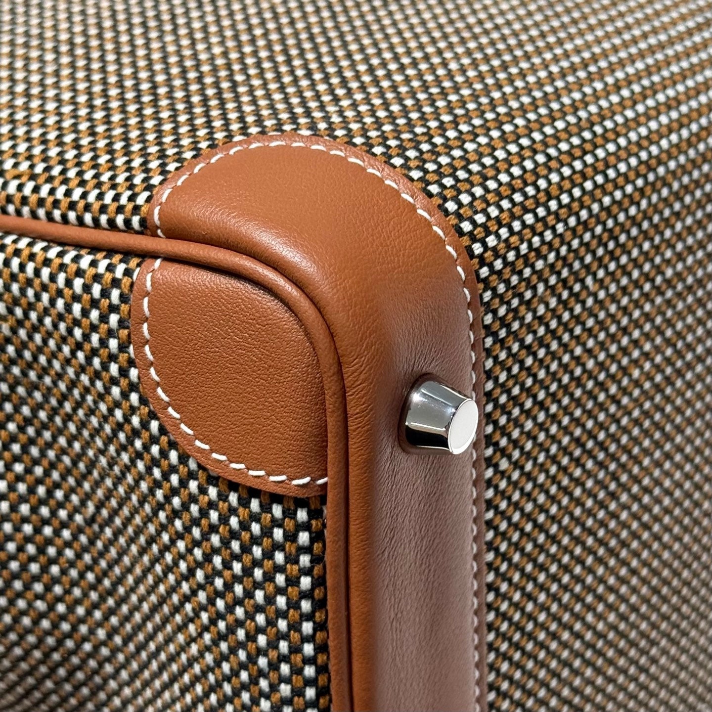 HERMES QUADRILLE BIRKIN 25CM IN GOLD SWIFT CALFSKIN AND BLACK/WHITE/BROWN TOILE CANVAS