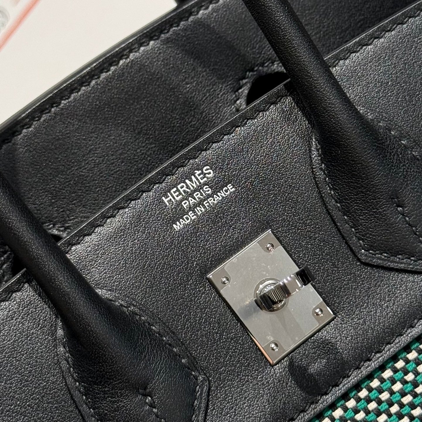 HERMES QUADRILLE BIRKIN 25CM IN BLACK SWIFT CALFSKIN BLACK/MINT/BLANC TOILE CANVAS