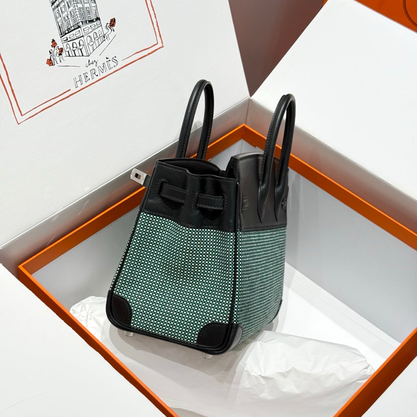 HERMES QUADRILLE BIRKIN 25CM IN BLACK SWIFT CALFSKIN BLACK/MINT/BLANC TOILE CANVAS