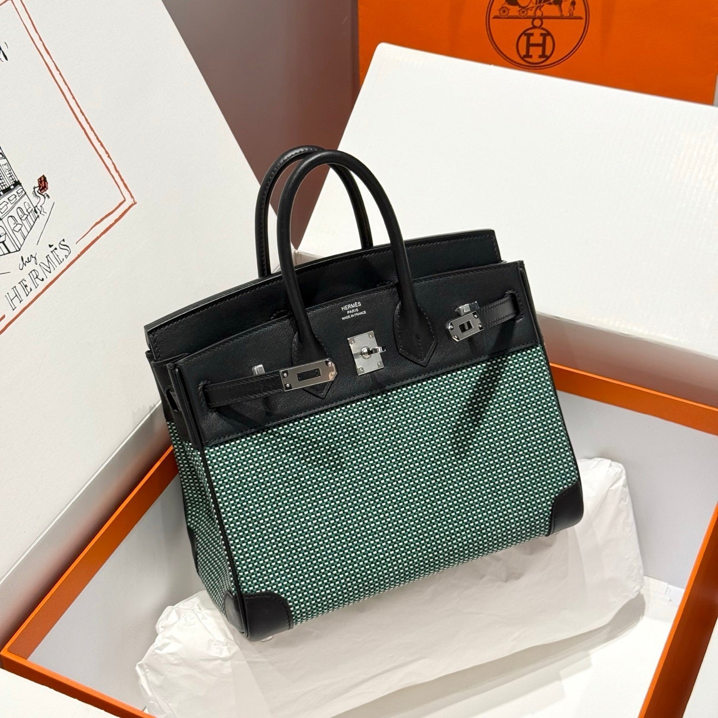 HERMES QUADRILLE BIRKIN 25CM IN BLACK SWIFT CALFSKIN BLACK/MINT/BLANC TOILE CANVAS